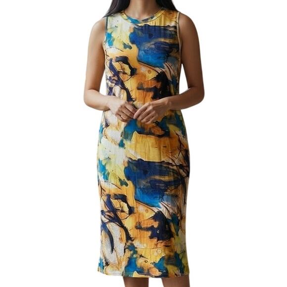 NWT ~ Blue & Yellow Sleeveless Casual Midi Dress ~ Women's Plus Size XXL - Picture 2 of 2